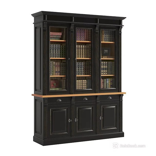 Traditional Black Bookcase With Glass Doors Filled With Books And Wooden Base 3d model 