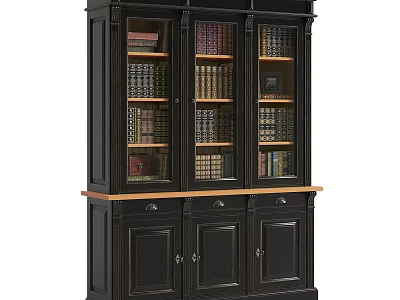 Traditional Black Bookcase With Glass Doors Filled With Books And Wooden Base 3d model