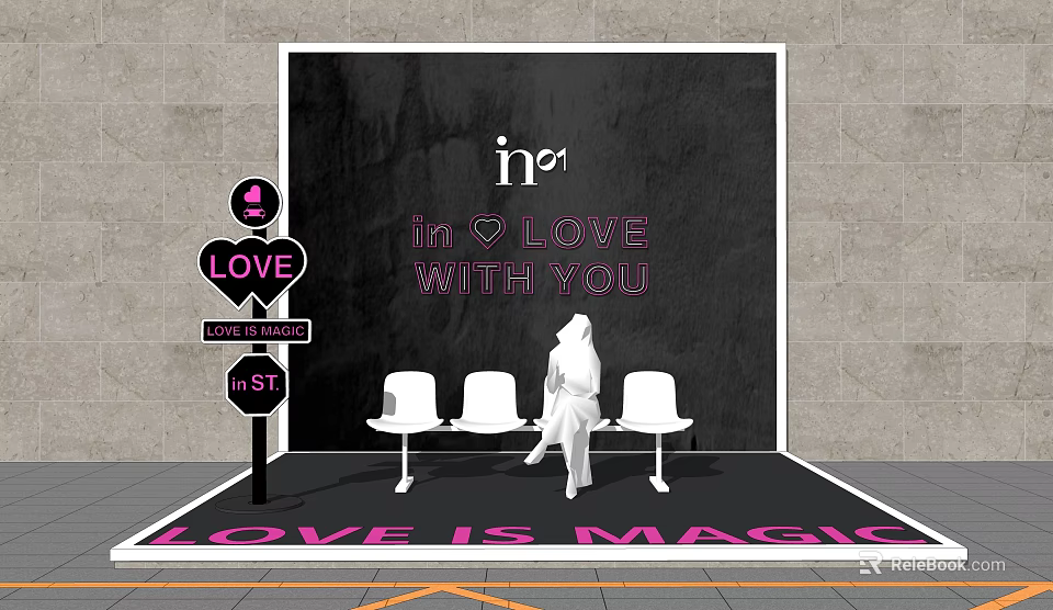 Love Is Magic Photo Check in Spot With Black Wall Pink Letters And Bench 3d model 