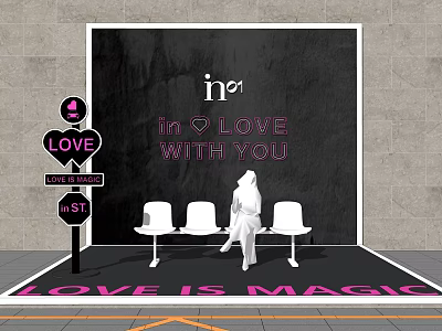 Love Is Magic Photo Check in Spot With Black Wall Pink Letters And Bench 3d model