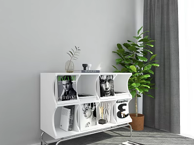 Modern White Storage Shelf with Multiple Compartments Magazines and Green Plant in Living Room 3d model