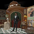 Live Stream Room in Jinsu Square with Vintage Oil Paintings Green Curtains Checkered Floor