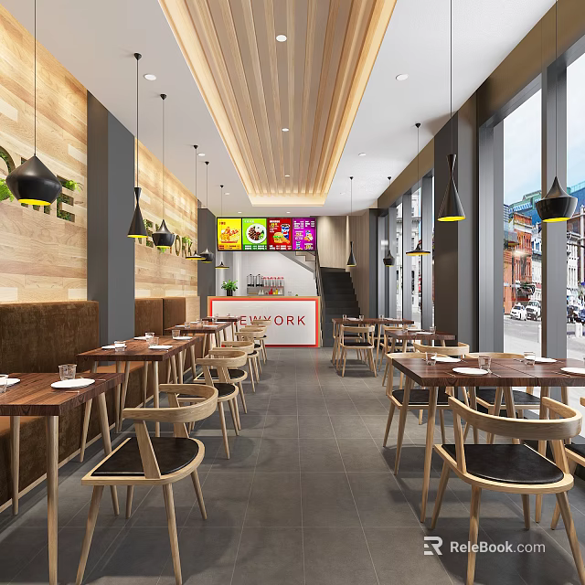 Modern Restaurant Interior With Wooden Walls Hanging Black Lights And Colorful Menu Screens 3d model 