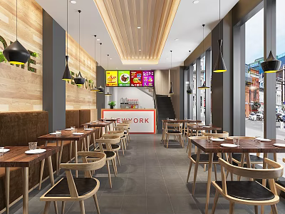 Modern Restaurant Interior With Wooden Walls Hanging Black Lights And Colorful Menu Screens 3d model