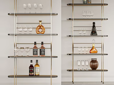 Elegant Metal Frame Display Shelf With Wine Glasses Liquor Bottles And Decorative Decanters 3d model