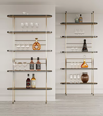 Elegant Metal Frame Display Shelf With Wine Glasses Liquor Bottles And Decorative Decanters 3d model