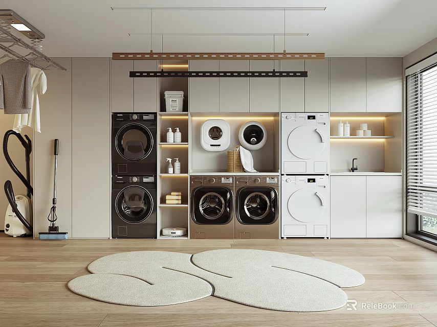 Modern Laundry Room Interior With Washing Machines Dryers Storage Cabinets And Hanging Rods 3d model 