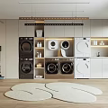 Modern Laundry Room Interior With Washing Machines Dryers Storage Cabinets And Hanging Rods
