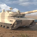 Sand Colored Military Tank With Cannon Tracks In Desert Under Cloudy Sky