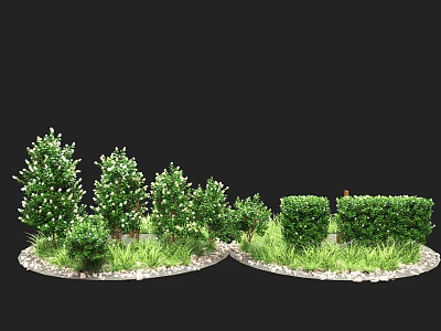 Various Green Plants Arranged On Circular Stone Base With Lawn And Small Stones 3d model