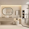 Modern Minimalist Bathroom Interior With Double Sink Vanity Round Mirror And Shower Area