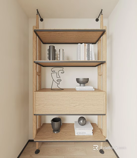 Light Wooden Bookshelf Featuring Multiple Shelves Books Abstract Face Decor And Drawer 3d model 