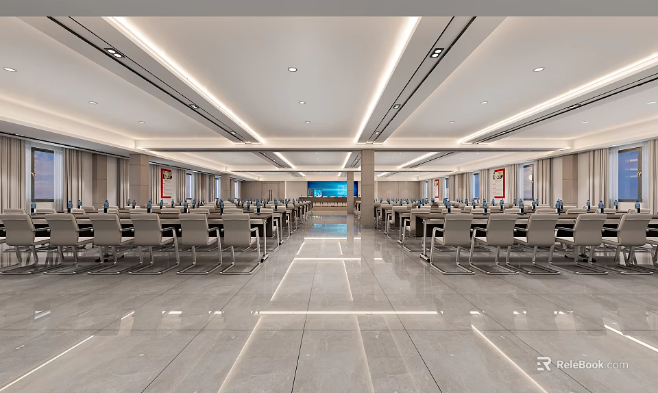 Spacious Modern Conference Room Interior With Arranged Tables Chairs Large Screen And Ceiling Light Strips 3d model 