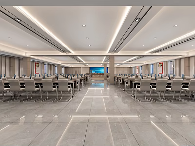 Spacious Modern Conference Room Interior With Arranged Tables Chairs Large Screen And Ceiling Light Strips 3d model