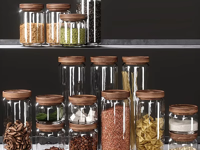 Glass Spice Jars with Wooden Lids Storing Various Spices Grains and Pasta on Kitchen Shelf 3d model