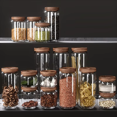 Glass Spice Jars with Wooden Lids Storing Various Spices Grains and Pasta on Kitchen Shelf 3d model