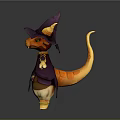 Cute Fantasy Orange Creature Wearing Purple Wizard Hat Robe And Yellow Horns Tail