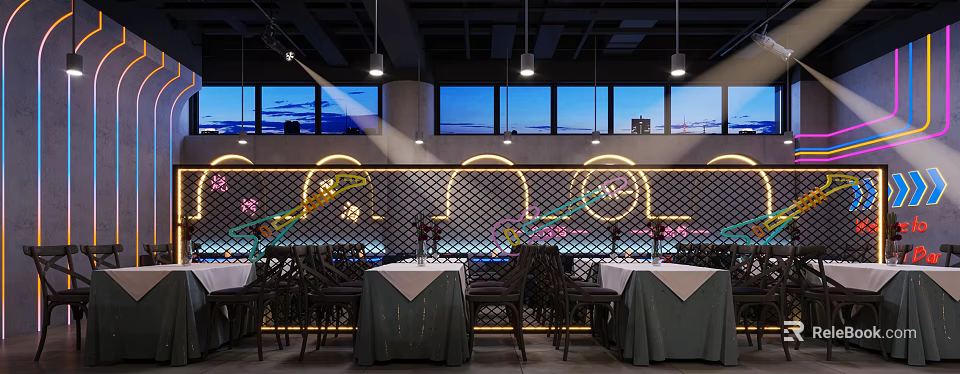 Modern Bar Interior Design with Hanging Lights Mesh Screen and Neon Decor 3d model