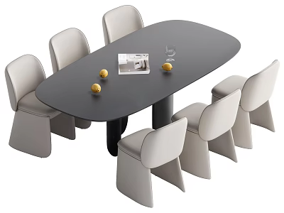 Modern Dining Table Set with Oval Black Tabletop Gray Dining Chairs and Magazine with Fruits 3d model