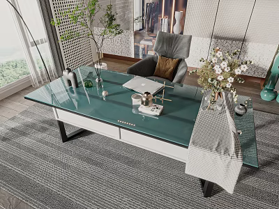 Modern Glass Top Desk With Green Surface Potted Plants And Flower Vase 3d model