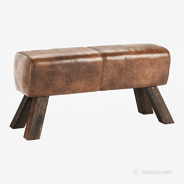 High Quality Vintage Brown Distressed Leather Bench With Sturdy Dark Wooden Legs 3d model 
