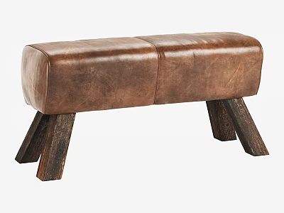 High Quality Vintage Brown Distressed Leather Bench With Sturdy Dark Wooden Legs 3d model