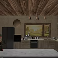 Rustic Kitchen Interior With Wooden Ceiling Stone Walls Black Appliances And Plants