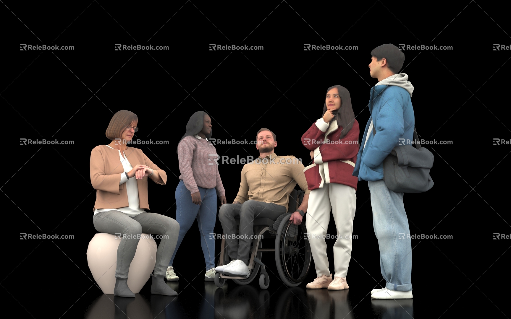 Wheelchair Woman Man Sitting Posture Student Casual Wear Young Foreigner Black Scene Dialogue Conversational Atmosphere 3d model