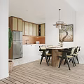 Modern Dining and Living Room Space with Wooden Table Sofa Pendant Lights and Green Plants