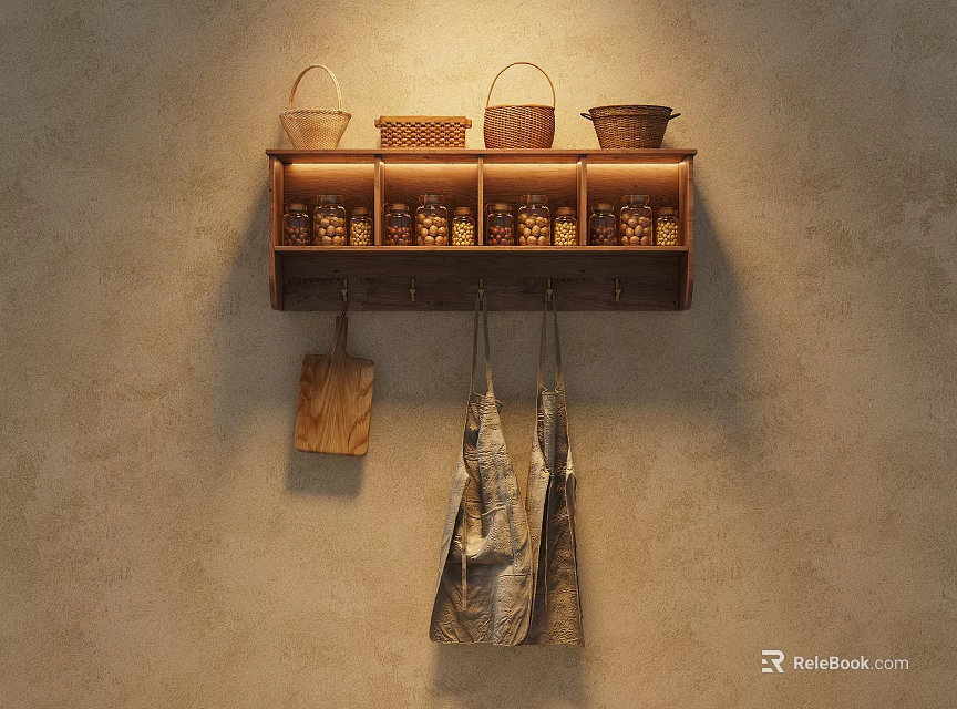 Wall Mounted Wooden Cabinets With Woven Baskets On Top Hanging Aprons And Cutting Board 3d model 