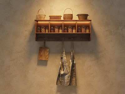 Wall Mounted Wooden Cabinets With Woven Baskets On Top Hanging Aprons And Cutting Board 3d model