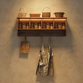 Wall Mounted Wooden Cabinets With Woven Baskets On Top Hanging Aprons And Cutting Board