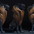 Wooden Animal Sculpture Carving Three Sitting Figures With Intricate Textured Details