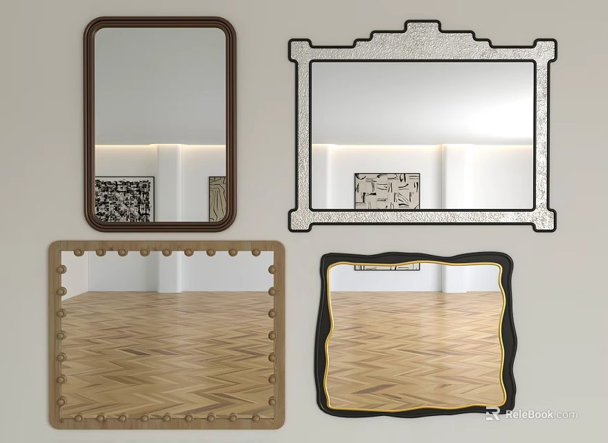 Decorative Mirrors With Various Frame Designs And Herringbone Floor Reflection 3d model