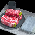 Fresh Marbled Raw Steak on Dark Plate with Gray Cup and Linen Napkin on Placemat