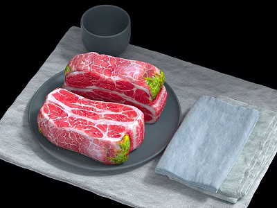 Fresh Marbled Raw Steak on Dark Plate with Gray Cup and Linen Napkin on Placemat 3d model