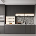Modern Dark Sideboard With Open Shelves Built in Appliances And Marble Backsplash