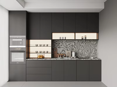 Modern Dark Sideboard With Open Shelves Built in Appliances And Marble Backsplash 3d model