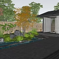 Japanese Courtyard Garden Design With Bamboo Fence Rockery Waterfall And Trees