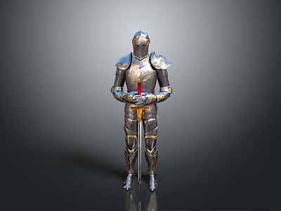 Silver Armor Decorative Figurine With Golden Accents And Red Hilt Sword As Home Decoration Piece 3d model