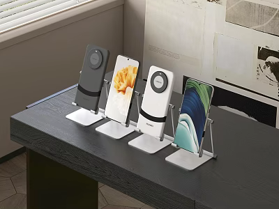 Various Color Phone Stands with Four Mobile Phones Displayed on Dark Desktop 3d model