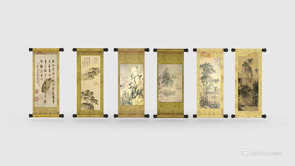 Traditional Chinese Scroll Paintings With Landscape Trees And Calligraphy Art 3d model 