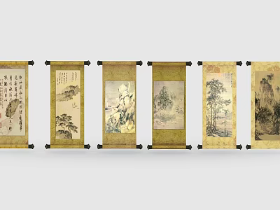 Traditional Chinese Scroll Paintings With Landscape Trees And Calligraphy Art 3d model
