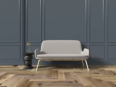 Light Gray Multi Seat Sofa With Dark Gray Wall Wooden Floor And Black Side Table 3d model