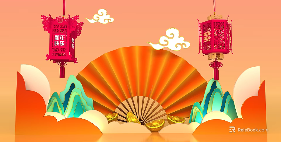 Traditional Chinese New Year Scene With Red Lanterns Fan Gold Ingots And Clouds 3d model 