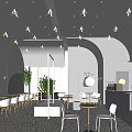 Modern Bubble Tea Shop Interior With Arch Design Ceiling Lights White Chairs And Round Tables