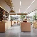 Modern Retail Store Interior with Wooden Shelves Counters Large Windows and Displayed Products