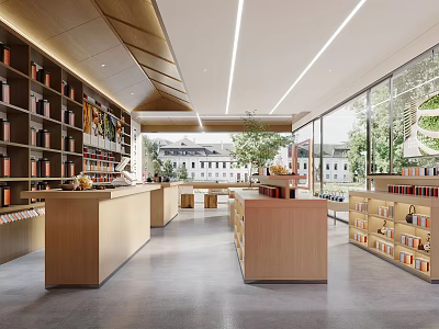 Modern Retail Store Interior with Wooden Shelves Counters Large Windows and Displayed Products 3d model