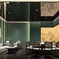 Elegant Private Box Interior With Green Walls Decorative Paintings Sofa And Dining Set 3d model