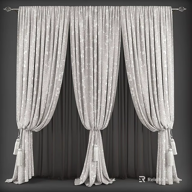 Elegant Light Gray Shiny Velvet Curtains with Tassel Ties and Layered Drapery Design 3d model 